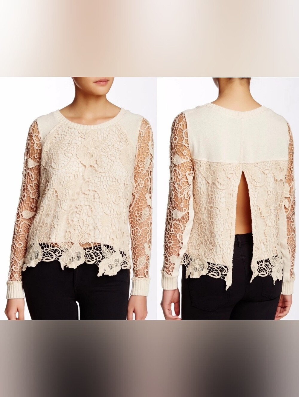 Free People Cream Lace Crochet Open-Back Long Sleeve Top sz L